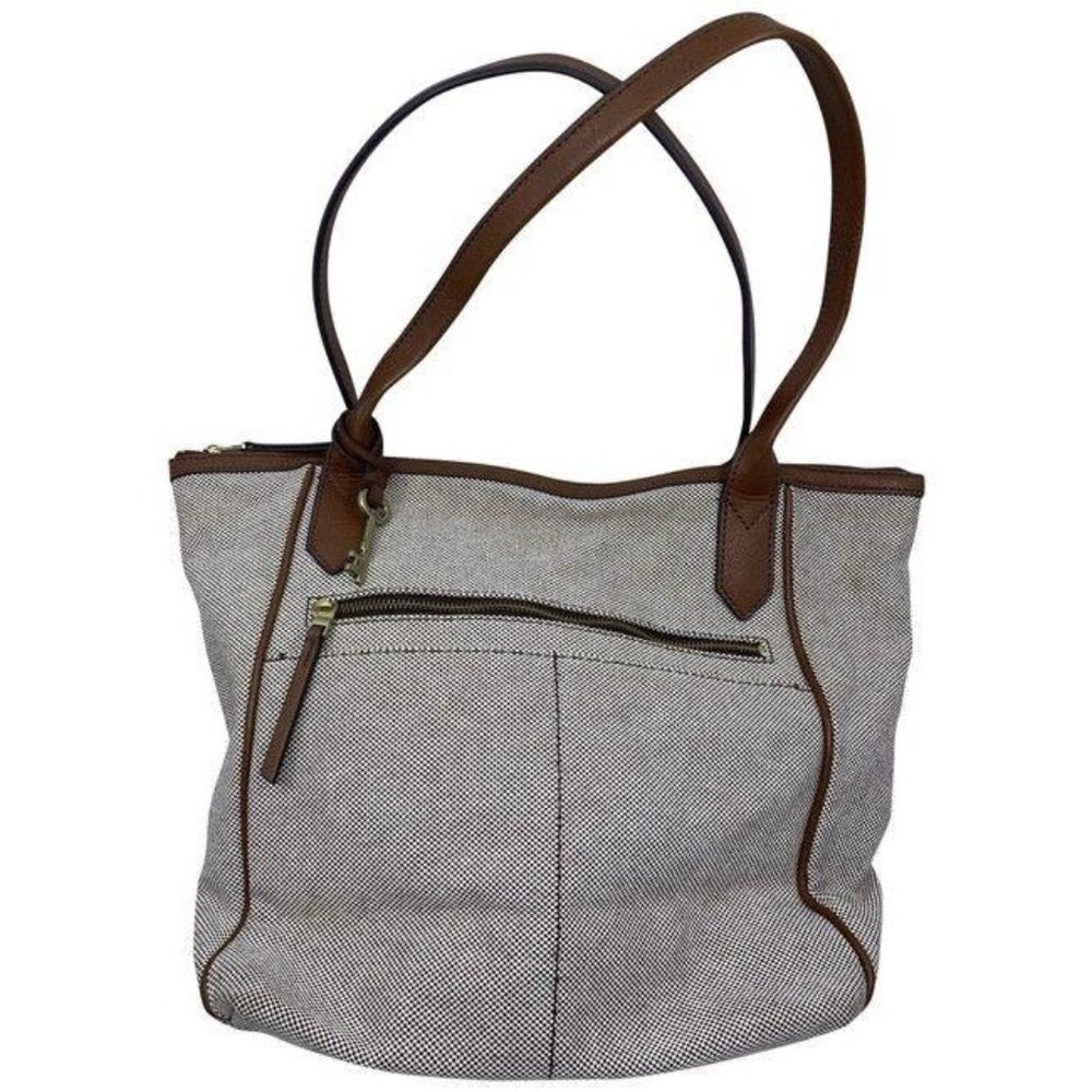 Fossil Tote Brown White Nylon Fabric Shoulder Bag